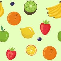 fundo sem emenda com várias frutas tropicais em verde. limão, morango, kiwi, banana, laranja, padrão de frutas vetoriais de maçã. vetor