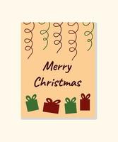 cartão de natal em tons de bege. cores bege, vermelho escuro e verde. presente de natal e serpentina. ilustração vetorial. vetor