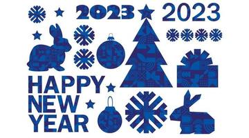 conjunto de elementos de design de feliz natal de 2023 ano novo. forma geométrica abstrata. árvore de natal, floco de neve, coelho, coelho. vetor