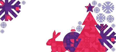 feliz natal e feliz ano novo banner. design de natal moderno na moda com elementos geométricos abstratos, árvore de natal, floco de neve, coelho, coelho. cartaz horizontal, cartão, site de banner de venda vetor