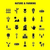 pacote de ícones de glifo sólido de natureza e agricultura para designers e desenvolvedores ícones de porta de construção de celeiro fazenda agricultura natureza redonda vetor de montanha