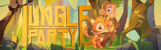 banner de desenho animado de festa na selva engraçado macaco e tigre vetor