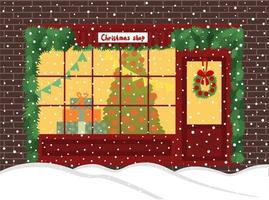 ilustração vetorial de loja de Natal. vitrine de natal de inverno na rua com pinheiros e neve. coroa de decoração fofa na porta. ilustração plana. vetor