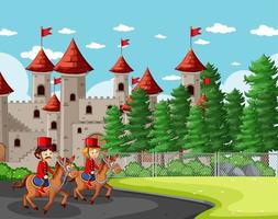 cena de conto de fadas com castelo e soldados reais vetor