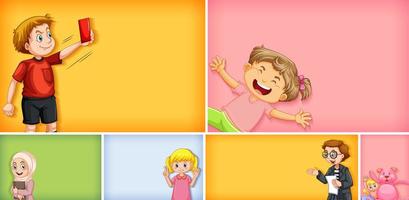 conjunto de personagens infantis diferentes em fundo de cor diferente vetor