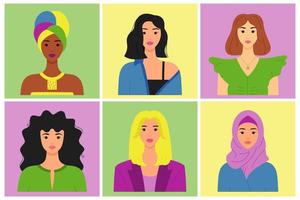 conjunto de retratos de mulheres de diferentes cores de pele, penteados, tipos de rosto. avatares de diversas personagens femininas da moda. bom para uma rede social. logotipo de beleza. ilustração vetorial brilhante em estilo simples