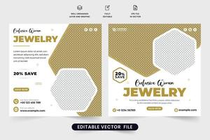 vetor de modelo de promoção de loja de joias femininas com cores douradas e escuras. design de postagem de mídia social de negócios de joias modernas para marketing. vetor de pôster de propaganda de ornamento de diamante.