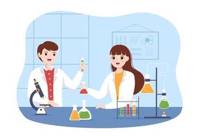 laboratorium com a realização de pesquisas científicas, experimentação e medição em um laboratório na ilustração de modelos desenhados à mão de desenhos animados planos vetor