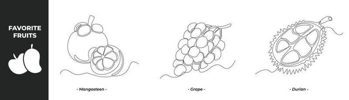 conceito de conjunto de frutas de desenho de uma única linha. mangostão, uva e durião. ilustração em vetor gráfico de desenho de desenho de linha contínua.