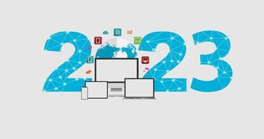 Conceito de ideias de rede social de tecnologia de negócios de ano novo de 2023 com conjunto de monitor, laptop, tablet, smartphone, modelo de layout de design moderno de ilustração vetorial vetor