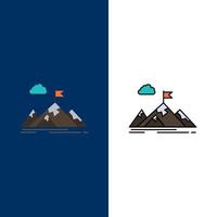 realização objetivo objetivo de negócios missão montanhas alvo ícones plano e conjunto de ícones cheios de linha vetor fundo azul