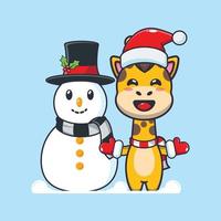 girafa bonita brincando com boneco de neve. ilustração bonito dos desenhos animados de Natal. vetor