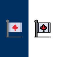 bandeira outono canadá folha maple ícones plano e conjunto de ícones cheios de linha vector fundo azul