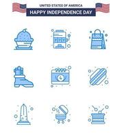 pacote azul com 9 símbolos do dia da independência dos eua do calendário jogo americano boot americano editável elementos de design do vetor do dia dos eua