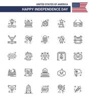 pacote de 25 sinais de linhas de celebração do dia da independência dos eua e símbolos de 4 de julho, como óculos dos eua, óculos de sol americanos, prêmio editável, elementos de design do vetor do dia dos eua