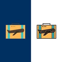 caso de negócios de bagagem de viagem ícones de mala de portfólio de bagagem plano e conjunto de ícones cheios de linha vector fundo azul