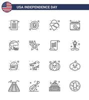 conjunto moderno de 16 linhas e símbolos no dia da independência dos eua, como capacete, calendário americano do dia dos eua, editável, elementos de design vetorial do dia dos eua vetor