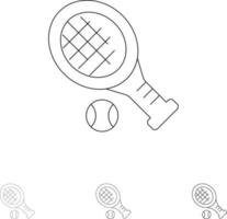 bola raquete tênis esporte conjunto de ícones de linha preta fina e ousada vetor