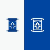 note linha de folha de outono canadá e ícone sólido de glifo linha de banner azul e banner azul de ícone sólido de glifo vetor