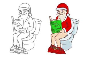 papai noel sentado no banheiro e lendo um livro sobre crianças boas e más. ilustração engraçada do humor do Natal. vetor