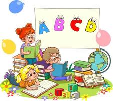 crianças discutindo lição de casa e lendo livros juntos ilustração em vetor de educação infantil