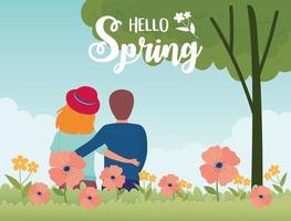 Olá, banner de celebração de primavera com casal e flores vetor