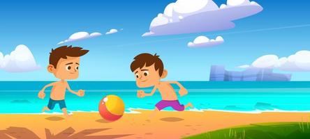 crianças jogando bola na praia de verão meninos brincam no mar vetor