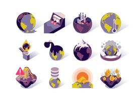 Conjunto de ícones isométricos de aquecimento global e poluição