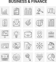 Conjunto de ícones de negócios e finanças desenhados à mão com 25 rabiscos vetoriais de fundo cinza vetor