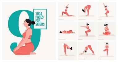 poses de ioga para esquiadores. jovem praticando pose de ioga. aptidão de treino de mulher, aeróbica e exercícios. ilustração vetorial. vetor