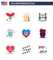 pacote plano de 9 símbolos do dia da independência dos eua da construção do coração dos eua cola americana editável dia dos eua elementos de design vetorial vetor