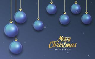 feliz natal banner azul escuro com bolas. cartão de Natal vetor