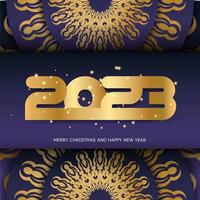 padrão dourado em azul. Banner de saudação de feliz ano novo de 2023. vetor