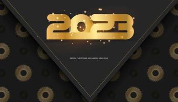 feliz ano novo 2023 cartaz de saudação. padrão dourado em preto. vetor