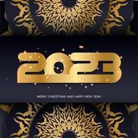 Fundo de saudação de feliz ano novo de 2023. cor preta e dourada. vetor