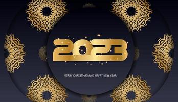 cor preta e dourada. feliz ano novo 2023 cartaz de saudação. vetor