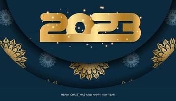 cor azul e ouro. feliz ano novo 2023 banner de férias. vetor