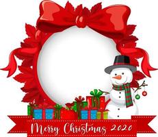 moldura de fita vermelha com logotipo da fonte Feliz Natal 2020 e personagem de desenho animado de boneco de neve vetor