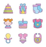 chá de bebê roupas brinquedos acessórios coleção de ícones vetor