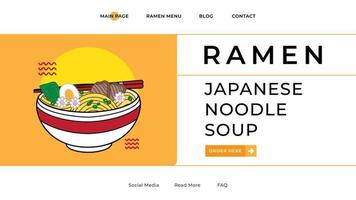 ilustração vetorial de macarrão ramen na tigela e pauzinho com página inicial de estilo retro vintage, banner do site, publicidade em mídia social, conceito de capa e apresentação. vetor