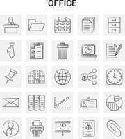 Conjunto de ícones de escritório desenhados à mão com 25 rabiscos vetoriais de fundo cinza vetor