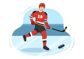 esporte de jogador de hóquei no gelo com capacete, bastão, disco e patins na superfície do gelo para jogo ou campeonato na ilustração de modelos desenhados à mão de desenho animado plano vetor