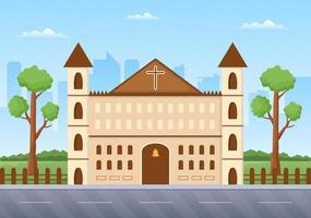 edifício da igreja católica catedral com arquitetura, design de interiores de igrejas medievais e modernas em desenhos animados planos ilustração de modelos desenhados à mão vetor