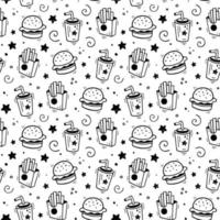 padrão sem emenda de combinação de fast-food desenhado à mão. estilo de esboço doodle cômico. ilustração vetorial de fast-food. esboço de hambúrguer, copo de papel de bebida, caixa de batatas fritas e estrela. vetor