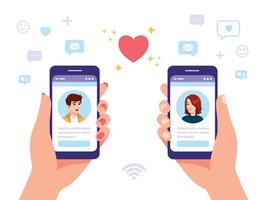 um homem e uma mulher estão segurando smartphones com perfis um do outro em um aplicativo de serviço de namoro. relacionamento virtual, namoro de mídia social, ilustração de estilo simples vetor