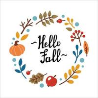 phello fall letras manuscritas. quadro decorativo de outono, modelo com folhas, abóbora, maçã, bagas. ilustração vetorial no estilo doodle. vetor