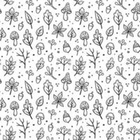 padrão sem emenda de outono. ilustração vetorial floral em estilo doodle. padrão de outono com elementos de outono - cogumelos, folhas de carvalho, folhas de plátano, folhas de outono, bolotas, galhos secos. vetor