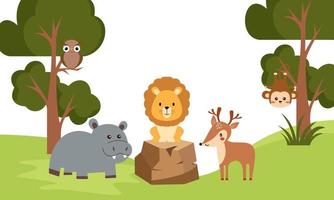 animais fofos da selva em estilo cartoon, animais selvagens, designs de zoológico para ilustração de fundo vetor