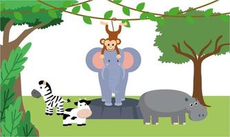 animais fofos da selva em estilo cartoon, animais selvagens, designs de zoológico para ilustração de fundo vetor