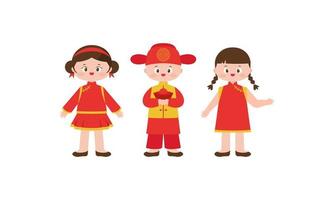 cartão de feliz ano novo chinês com uma criança vestindo trajes tradicionais chineses vetor